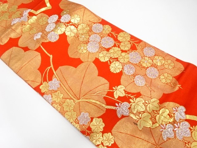 JAPANESE KIMONO / MARU OBI / SILK / WOVEN MAPLE & WEEPING SAKURA